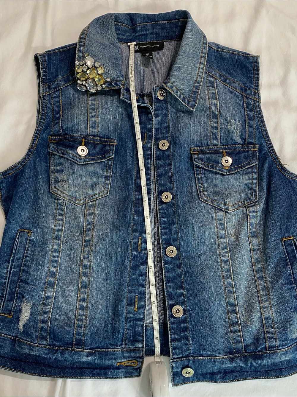 INC International Concepts Distressed Blue Denim Vest with Jeweled Collar - Picture 7 of 9